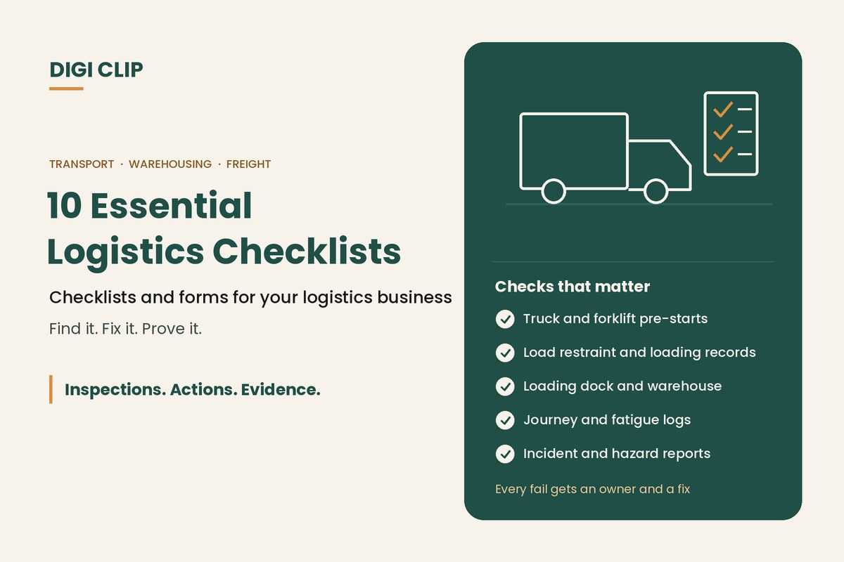 Logistics checklists: truck and checklist illustration with essential logistics checks