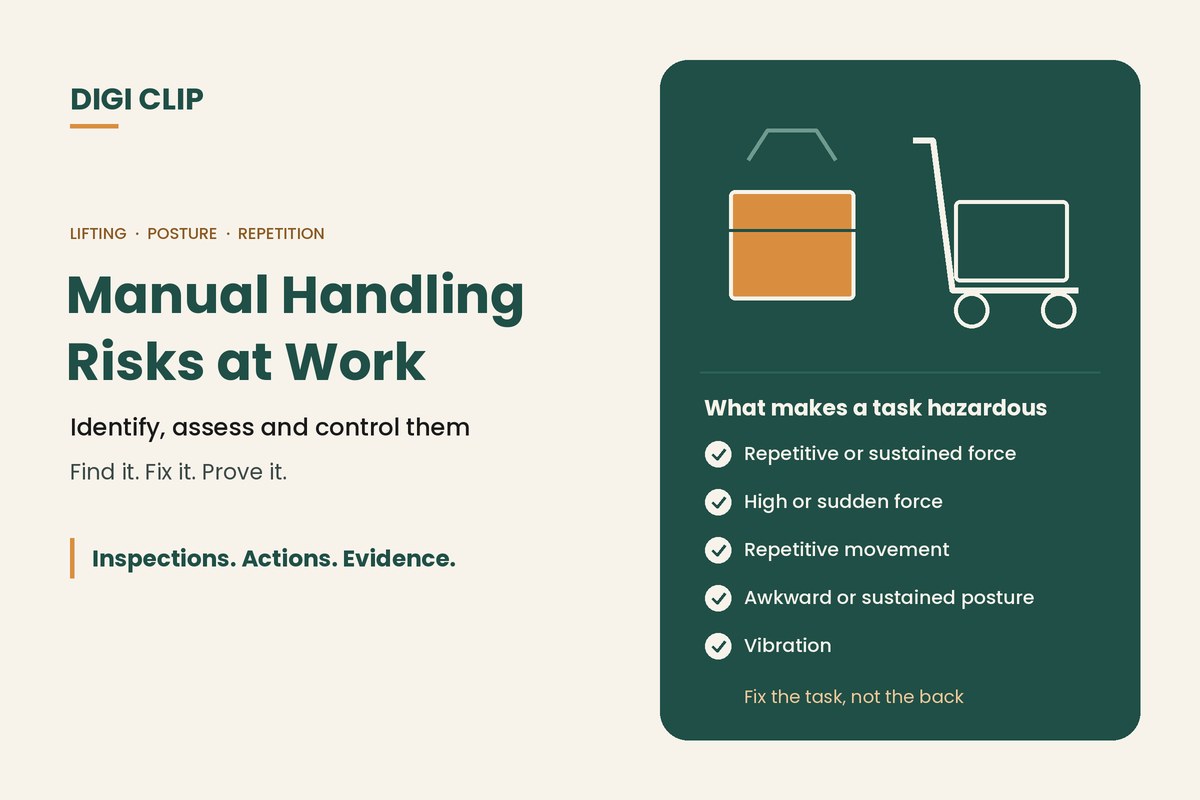 Manual handling risks at work: a heavy carton and a trolley, with force, posture, repetition and vibration risk factors