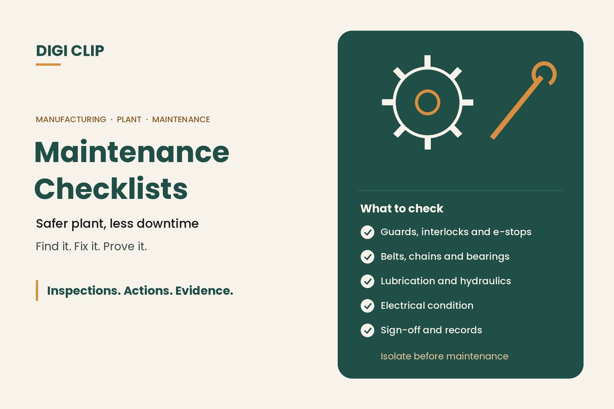 Manufacturing maintenance checklists: gear and spanner illustration with plant checks
