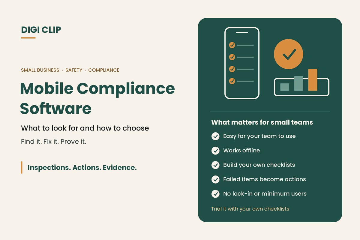 Mobile compliance software for small businesses: a checklist app, easy to use, offline, with failed items becoming actions