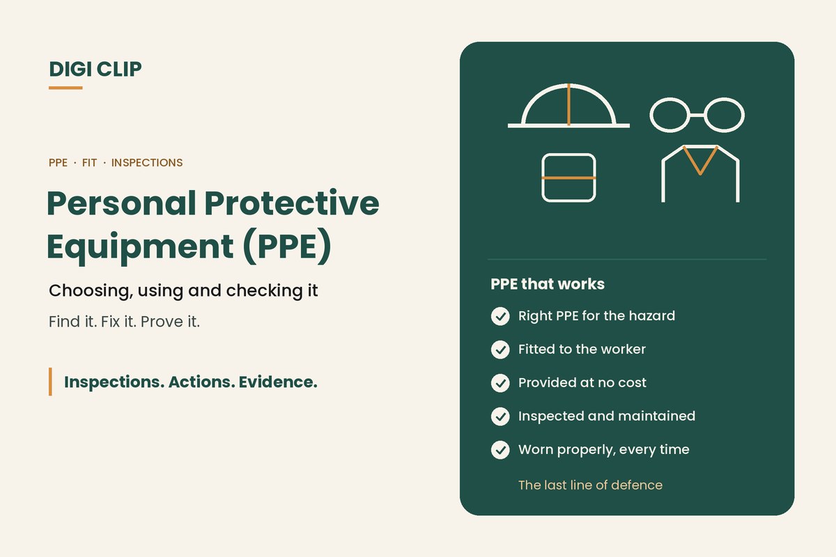 Personal protective equipment: hard hat, glasses, earplugs and high-vis illustration