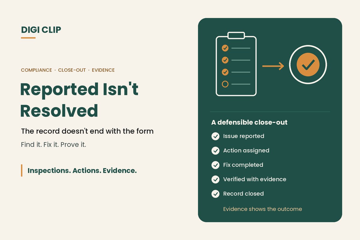 Reported isn't resolved: a compliance close-out runs from issue reported to action assigned, fix completed, verified with evidence and record closed
