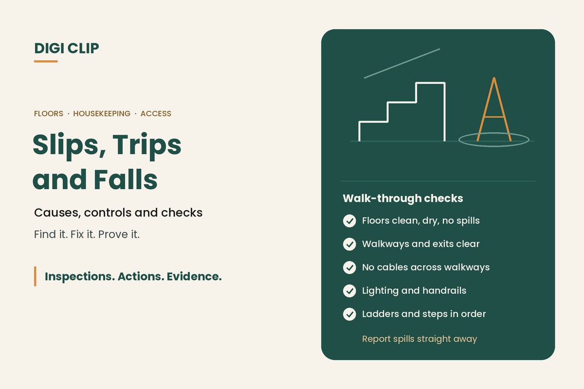Slips, trips and falls: stairs and wet floor sign illustration with walk-through checks