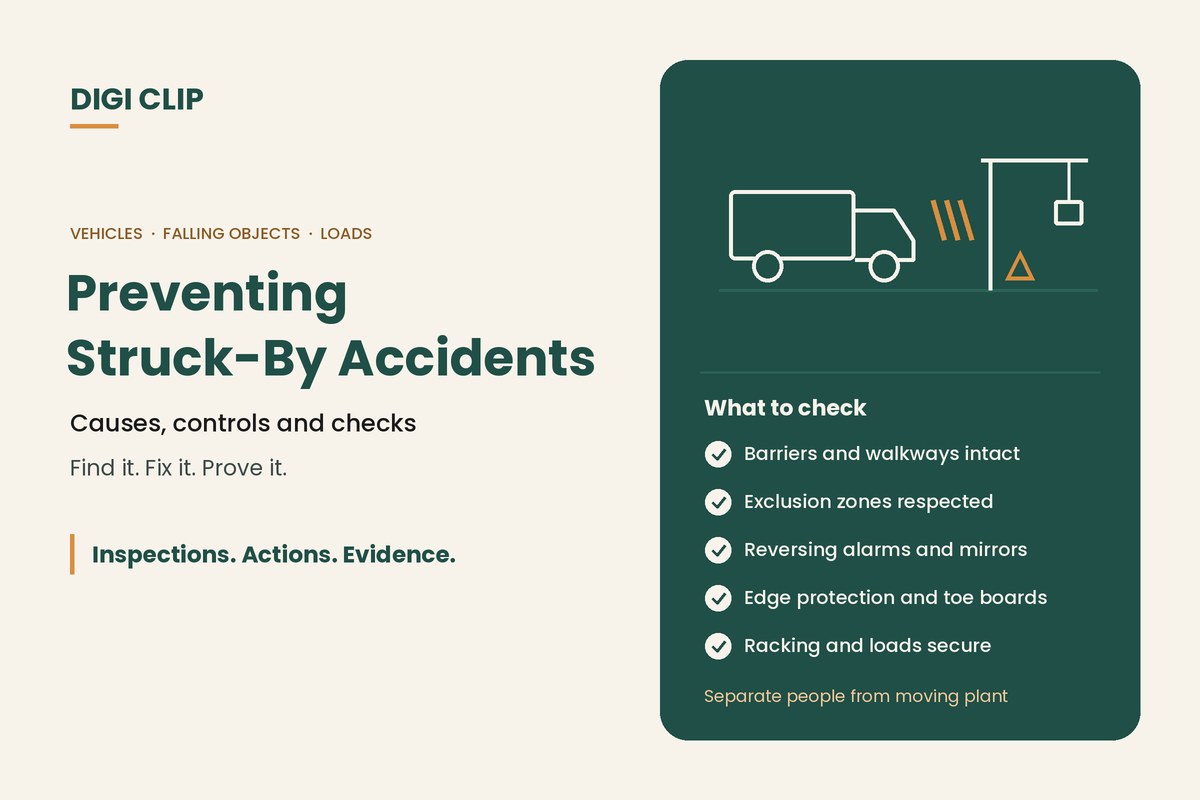Preventing struck-by accidents: truck, crane load and falling object illustration