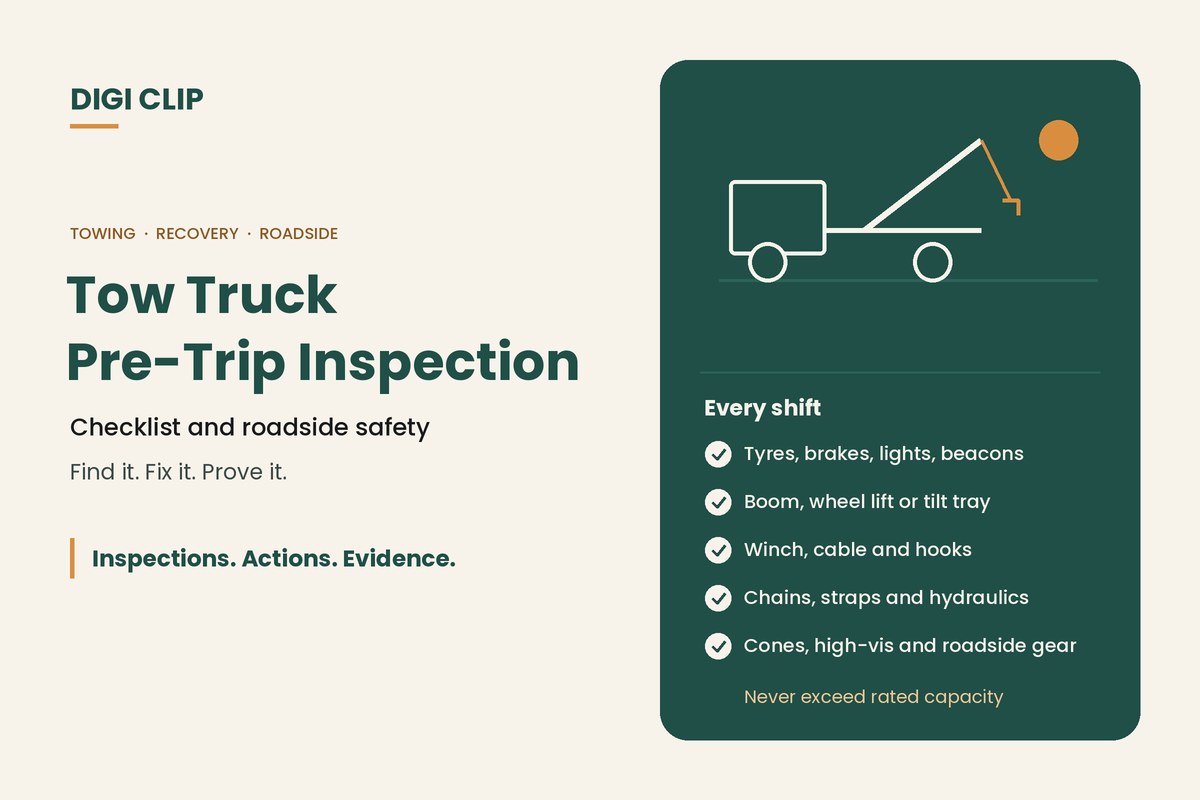 Tow truck pre-trip inspection: tow truck and winch illustration with checklist