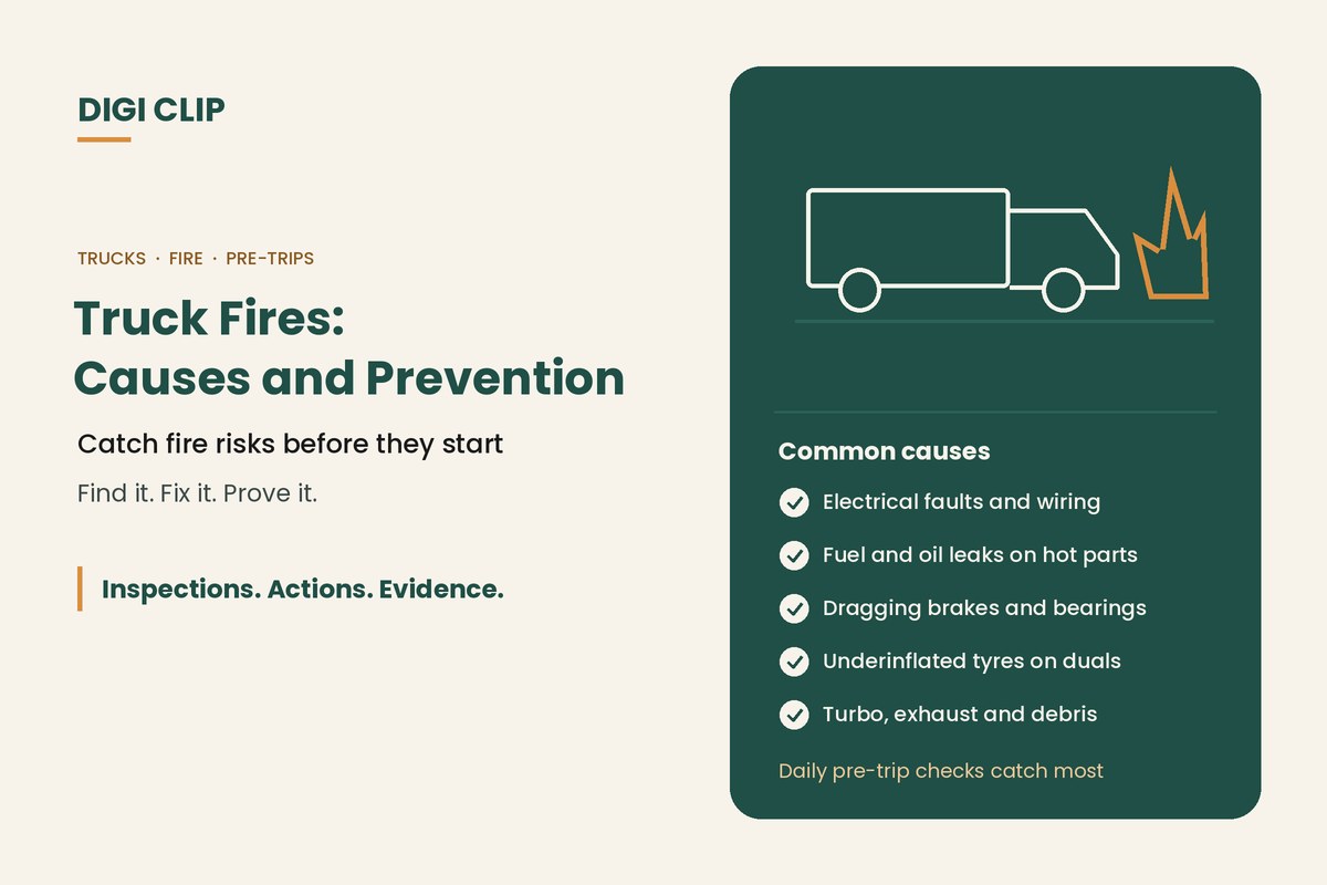 Truck fires: truck and flame illustration with common causes of truck fires