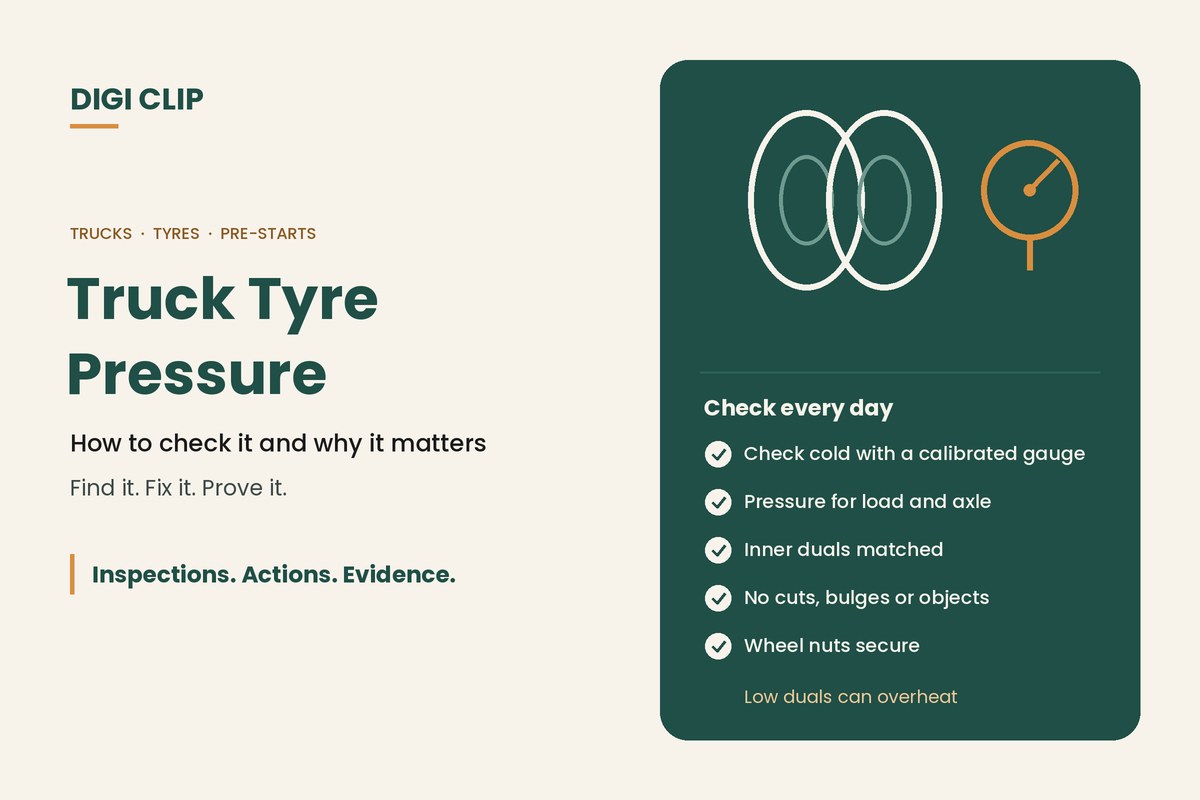 Truck tyre pressure: dual tyres and pressure gauge illustration