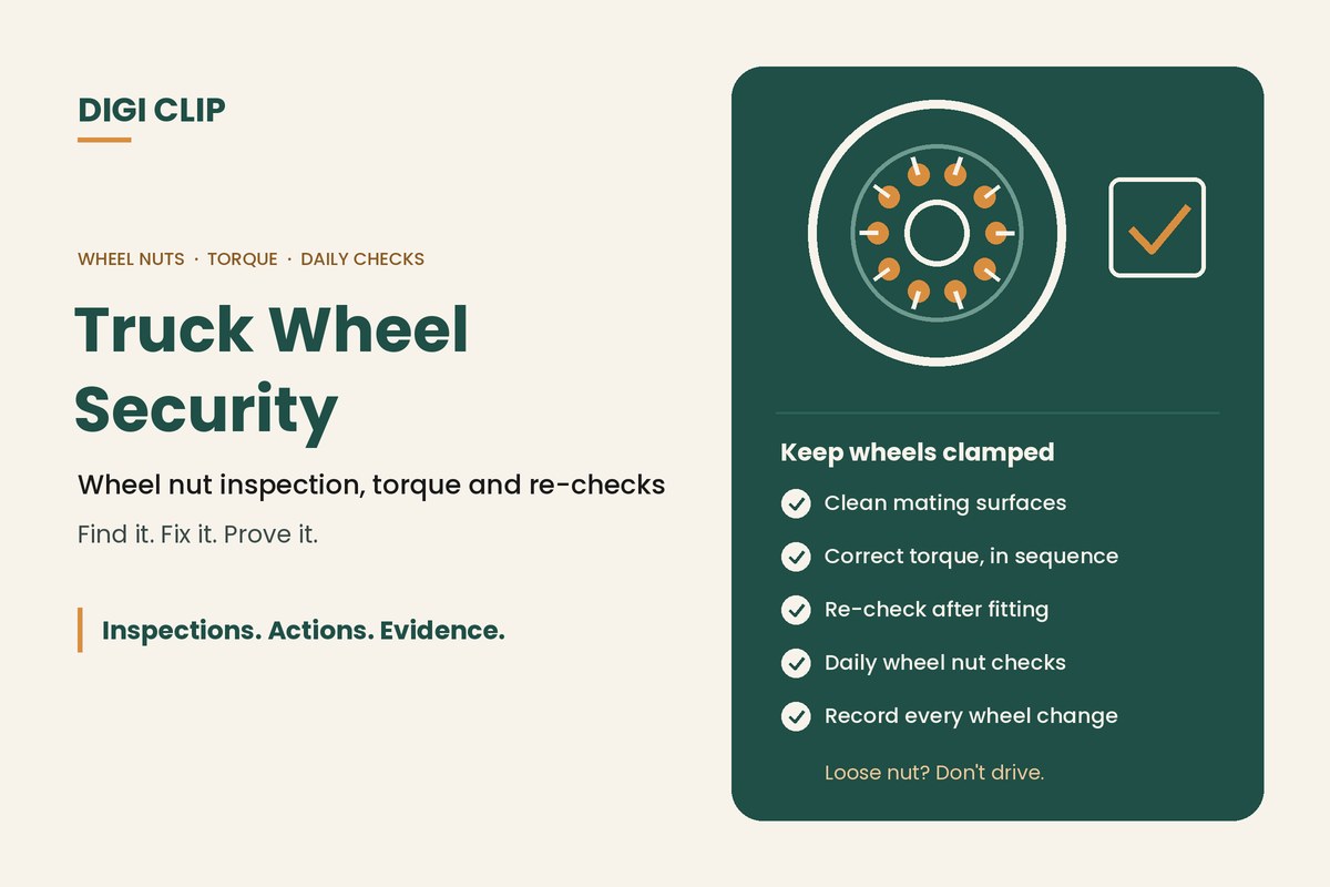 Truck wheel security: a wheel with wheel nuts and indicators, with clean surfaces, correct torque and re-checks after fitting