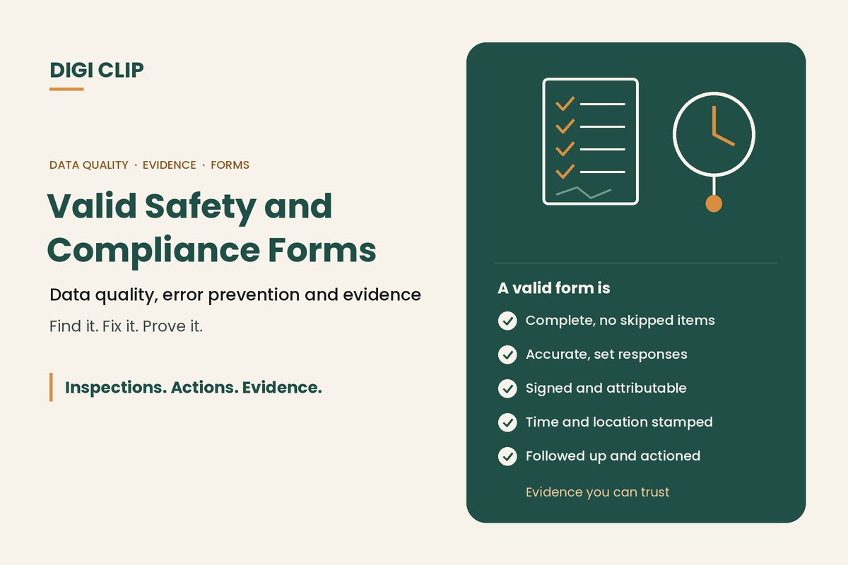Valid safety and compliance forms: checklist and time stamp illustration