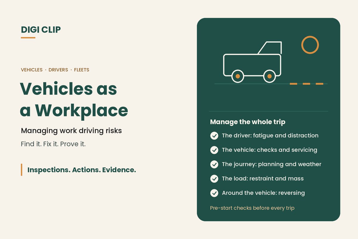 Vehicles as a workplace: work ute illustration with driver, vehicle, journey and load risks