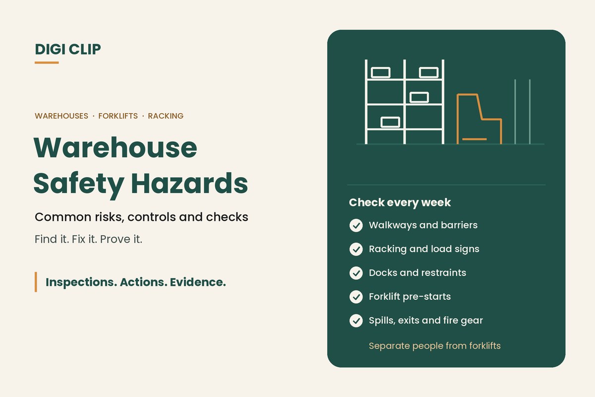 Warehouse safety hazards: racking and forklift illustration with warehouse checks