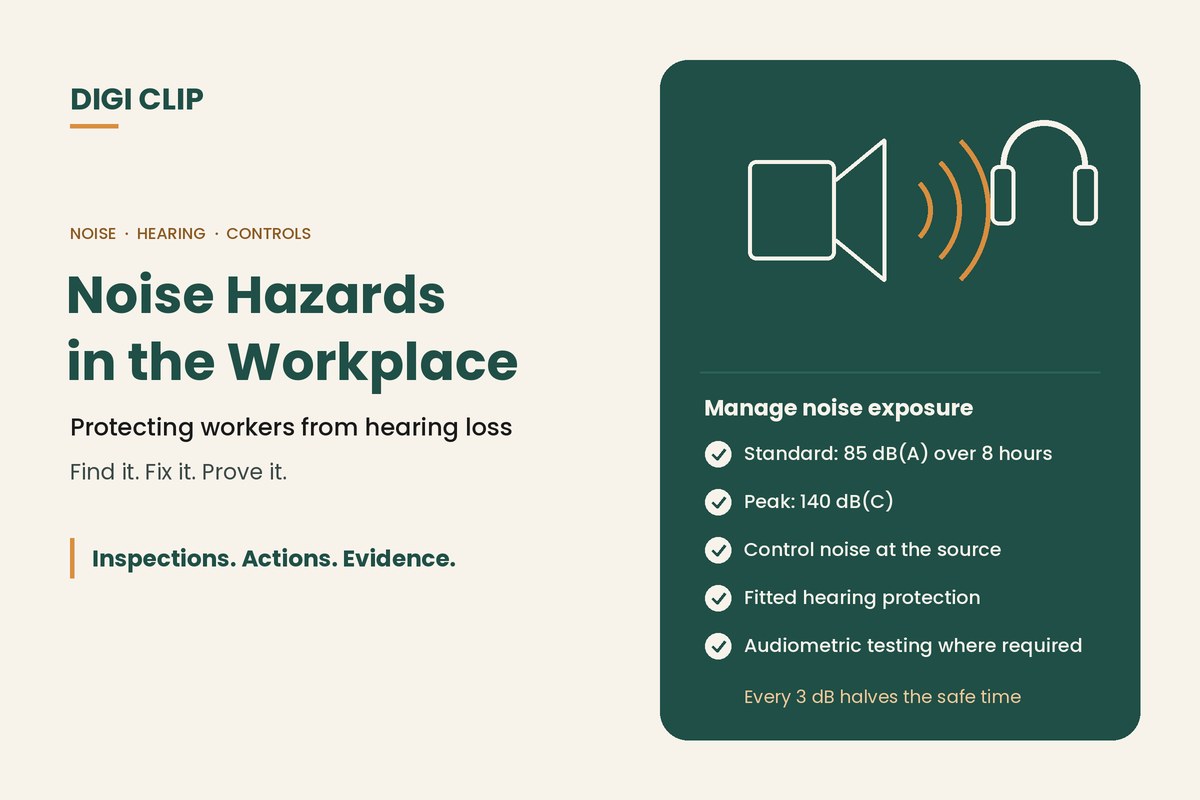 Workplace noise hazards: speaker and earmuffs illustration with noise exposure limits