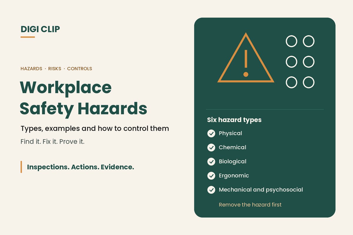 Workplace safety hazards: hazard sign illustration with six hazard types
