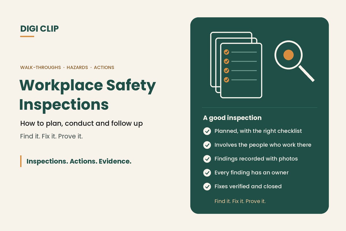 Workplace safety inspections: checklists and a magnifying glass, with findings recorded with photos, assigned and verified