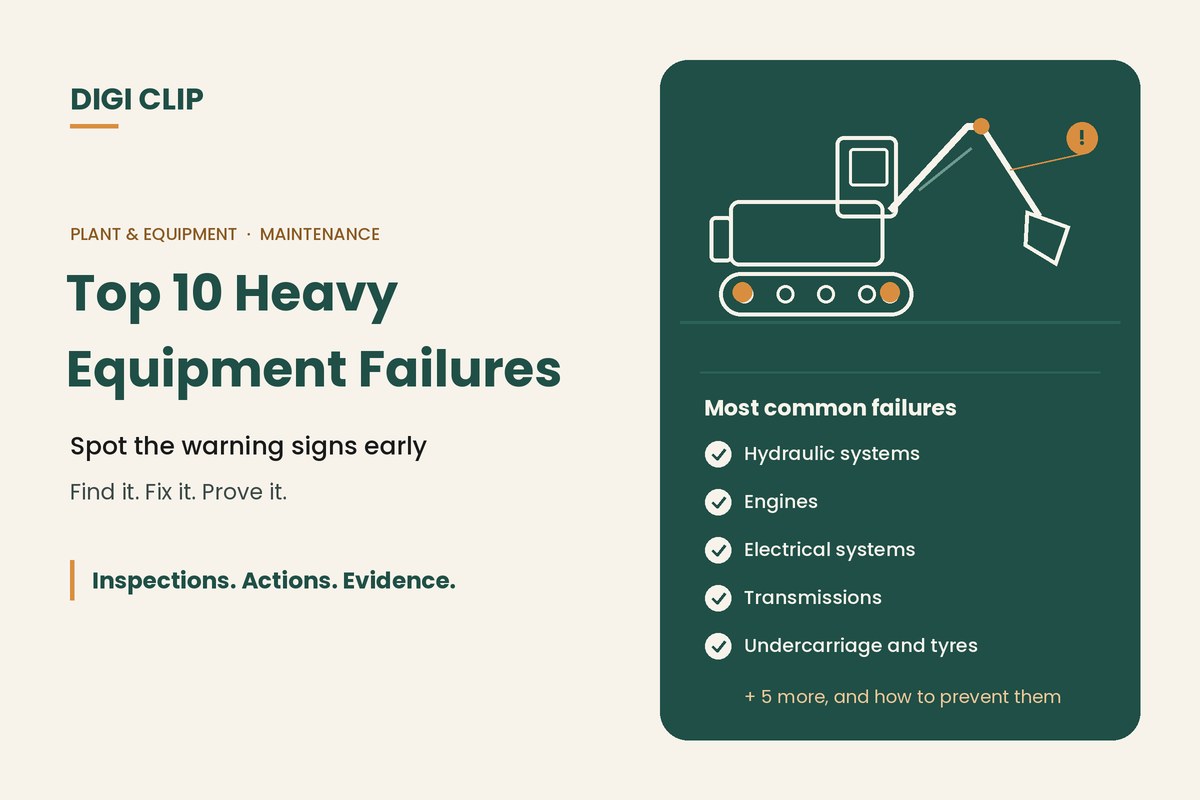Heavy equipment failures illustration showing an excavator with a warning marker and a list of common failures: hydraulics, engines, electrics, transmissions and undercarriage