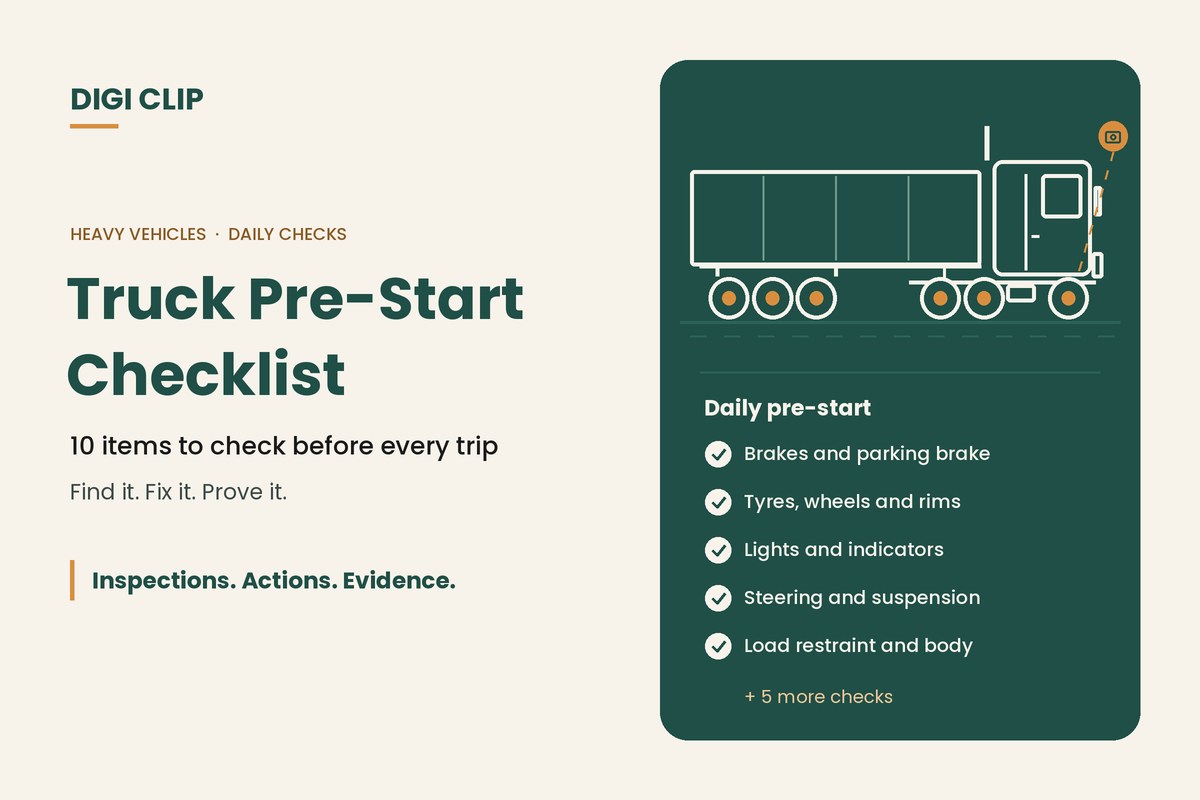 Truck pre-start checklist illustration showing a prime mover and trailer with daily checks for brakes, tyres, lights, steering and load restraint