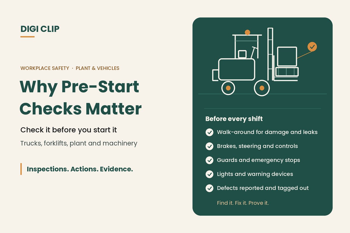 Why pre-start checks matter illustration showing a forklift with a pallet and a checklist of walk-around, brakes, guards, lights and defect reporting